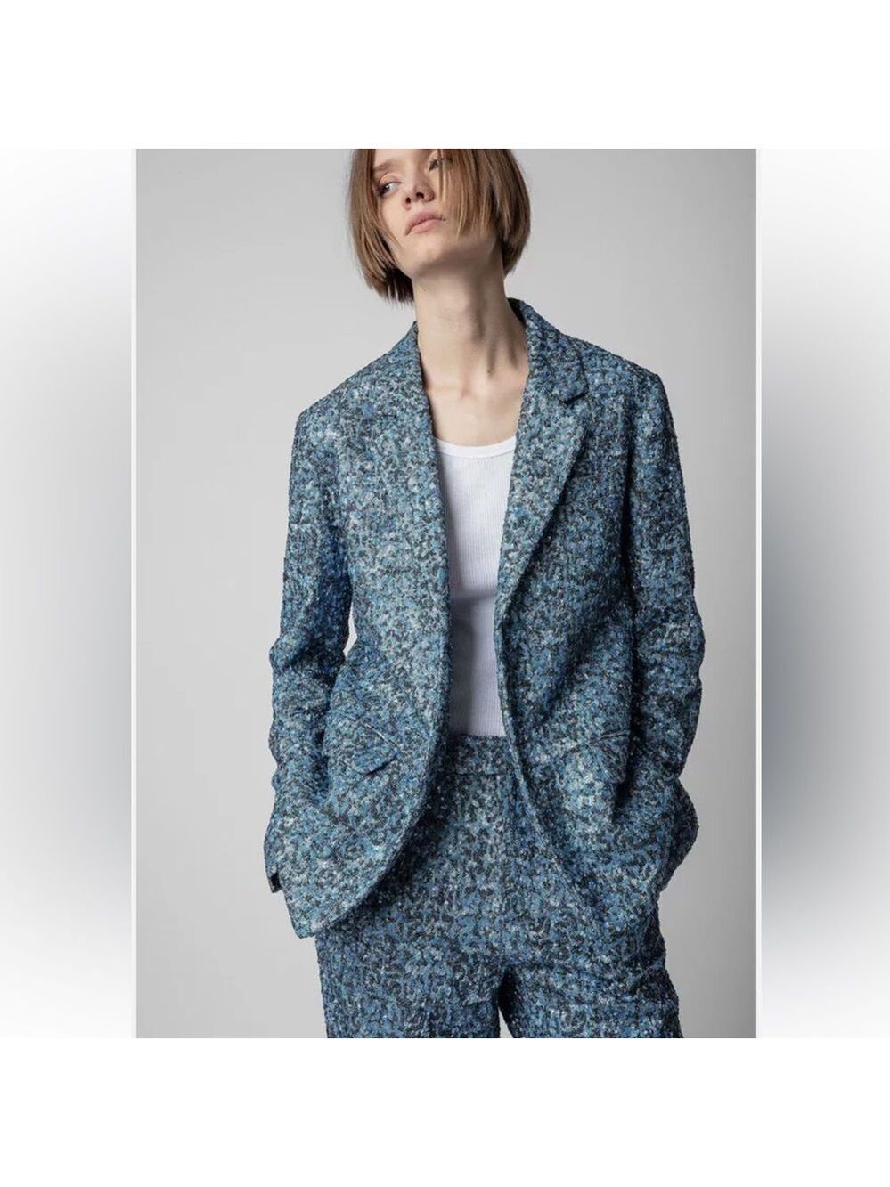 NEW Zadig & Voltaire Vanille Sequin Blazer Denim Blue Size 34 / XS